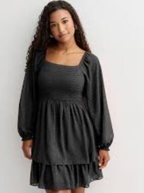 Smocked Square Neck Long Sleeve Black Dress